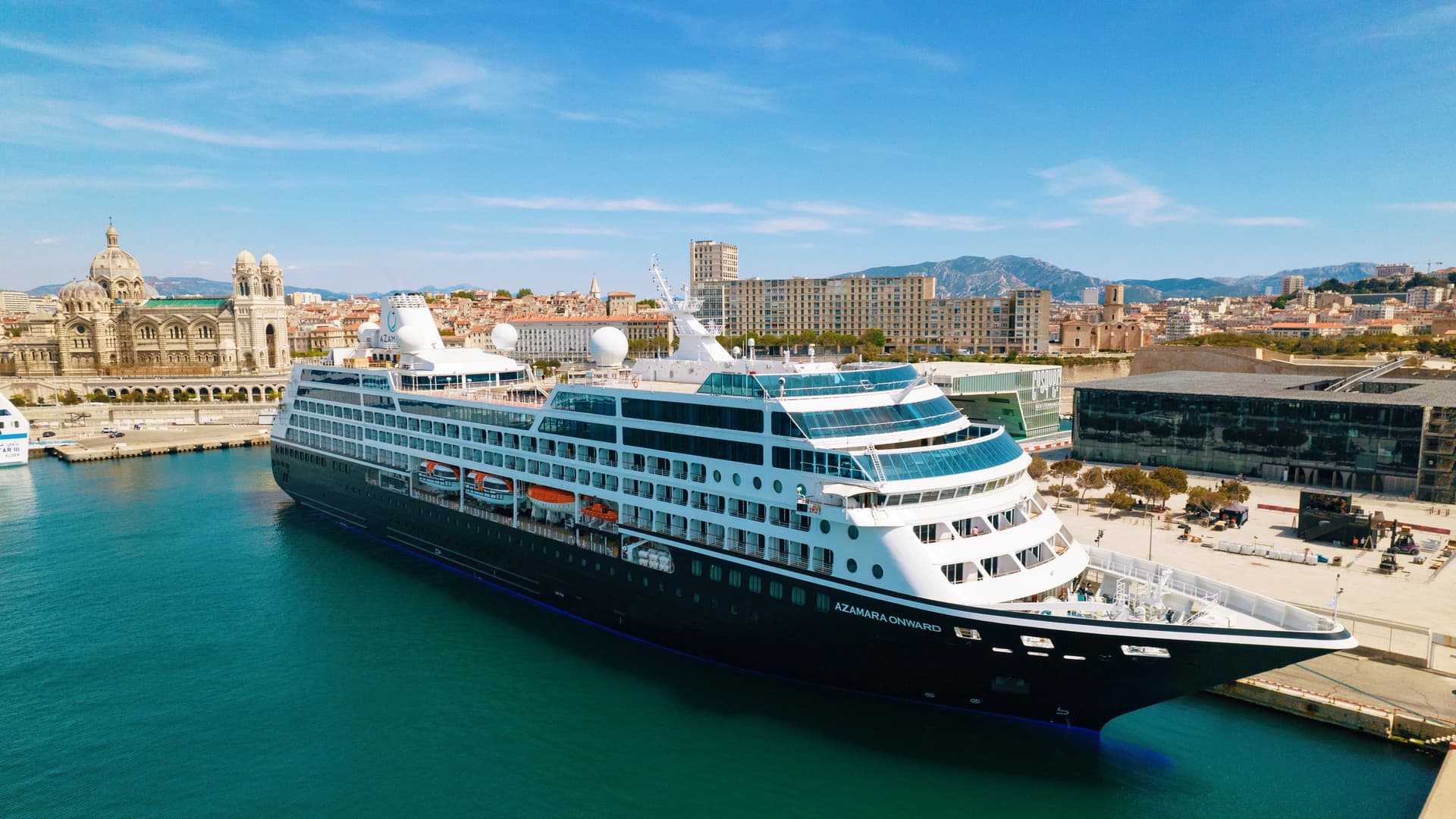 Azamara Onward in port in Europe.