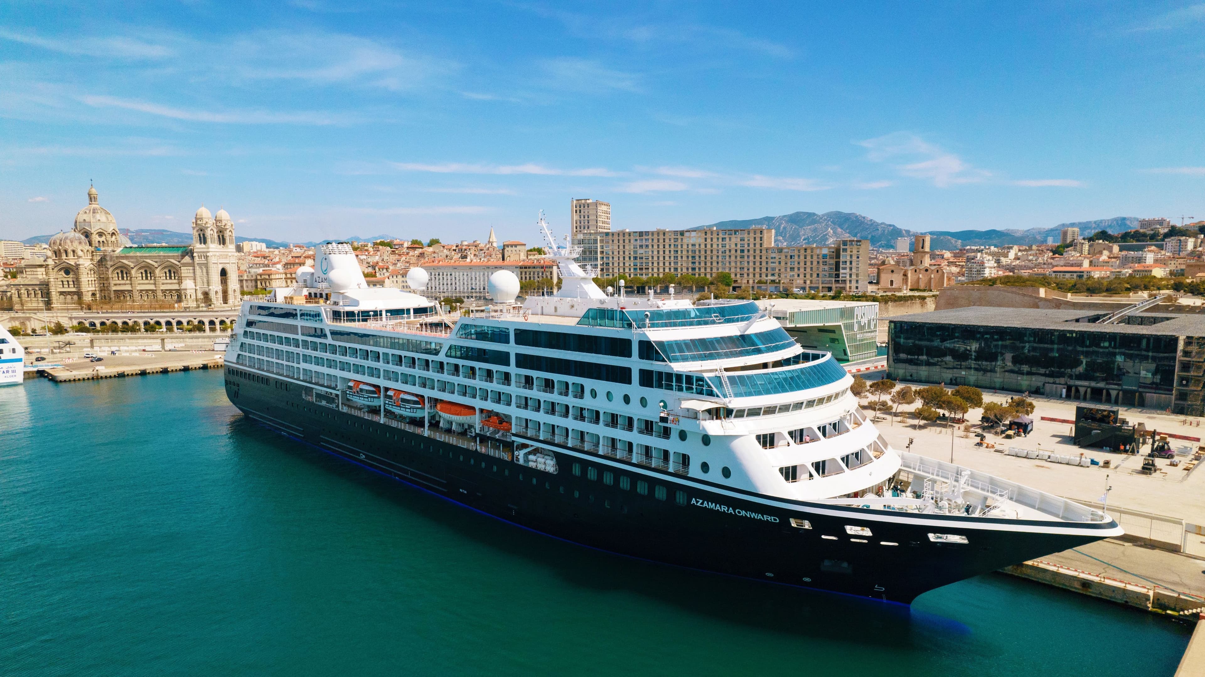 Azamara Onward in port in Europe.