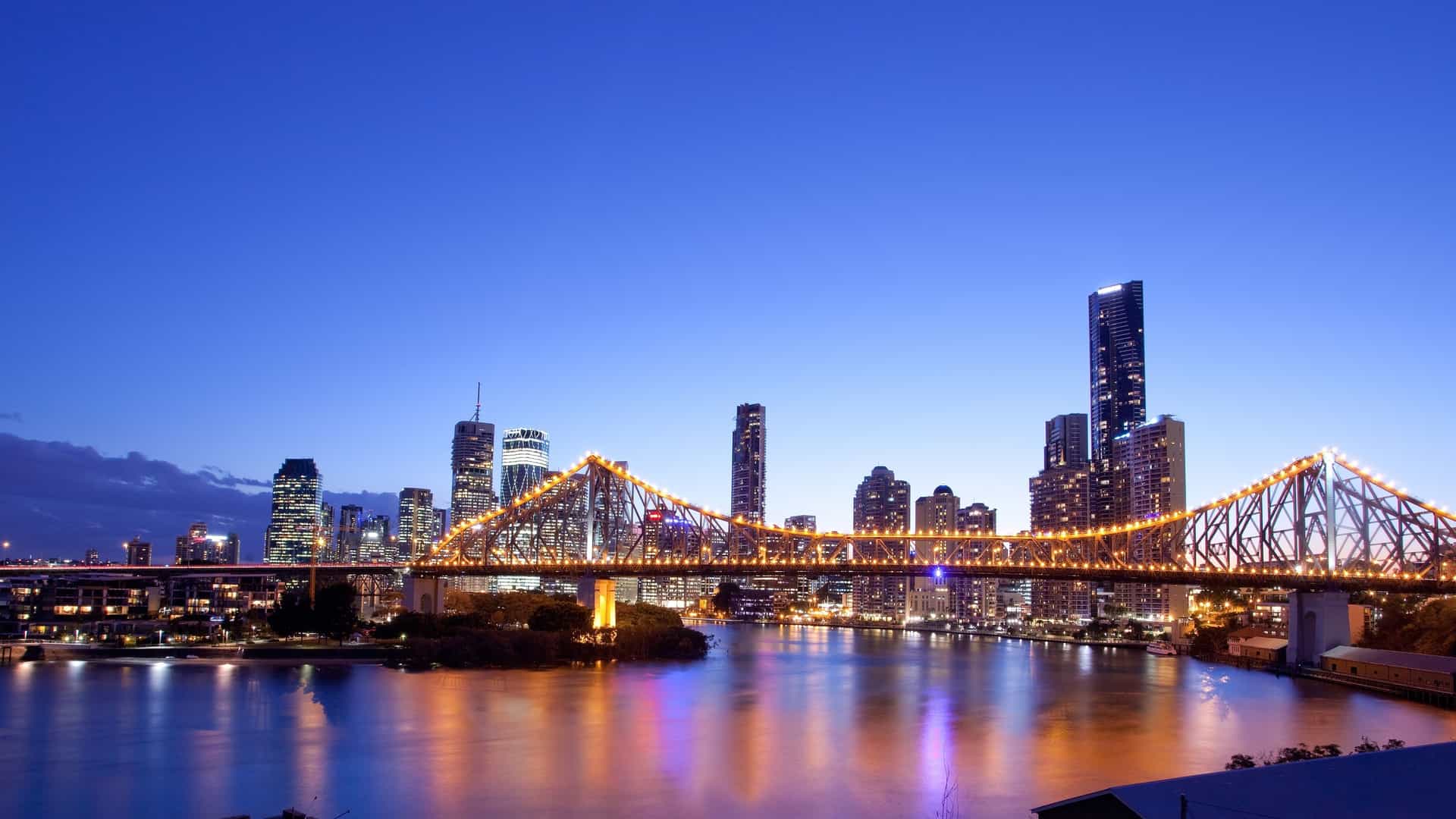 Brisbane Story Bridge and skyline at night.