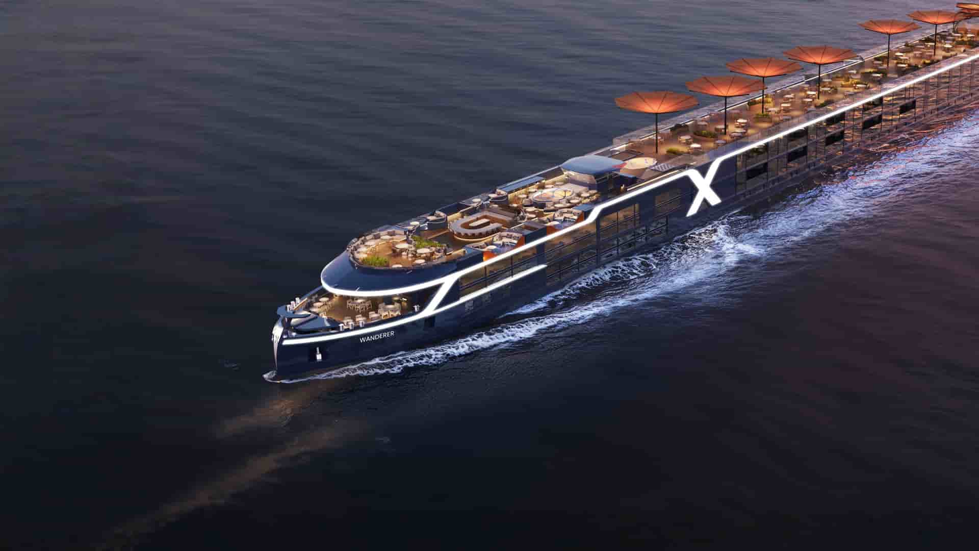 Aerial shot of Celebrity Cruises' river cruise ship Wanderer.