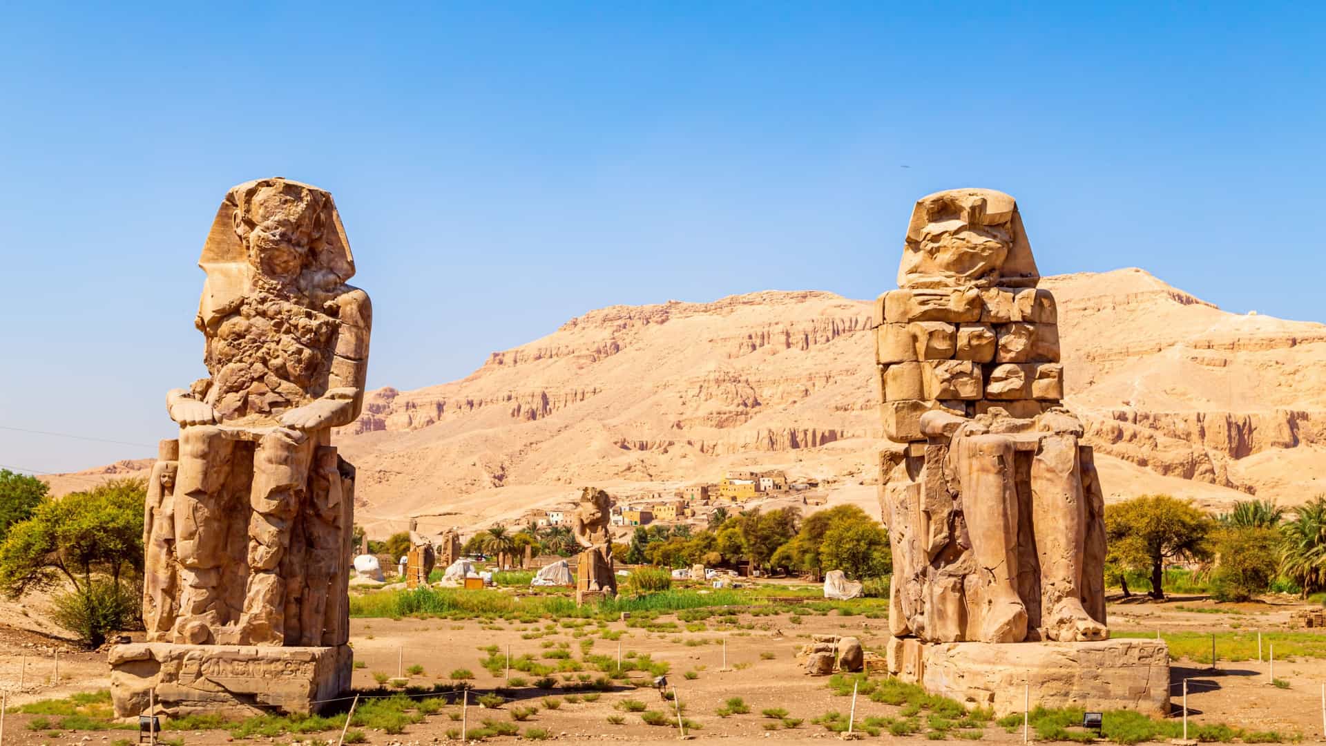 The Colossi of Memnon in Luxor, a key shore excursion on a Cunard cruise to Africa.