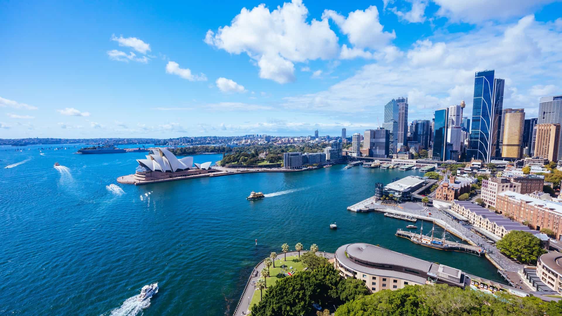 A Cunard cruise in Sydney Harbour near the Opera House.