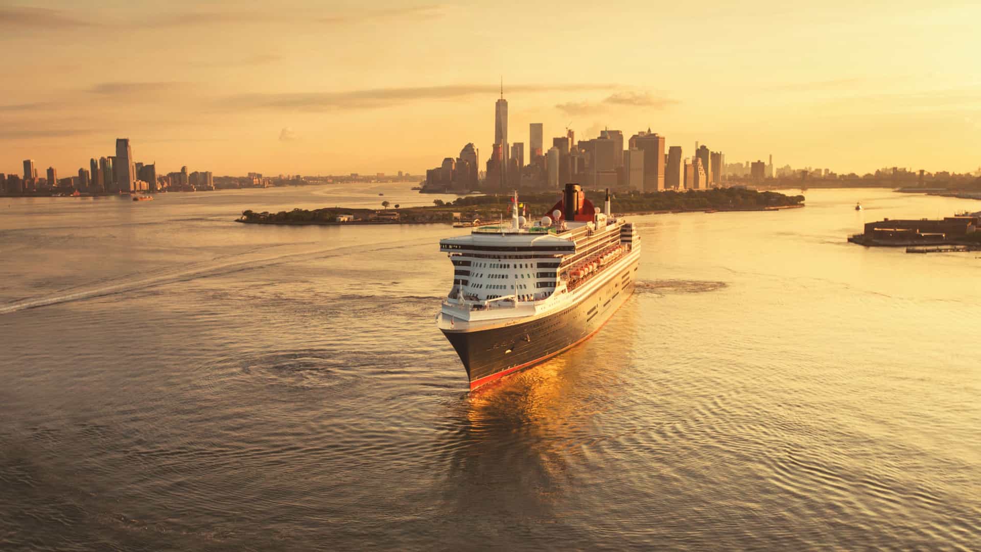 Cunard cruise ship sets sail from iconic NYC for a grand Transatlantic voyage.