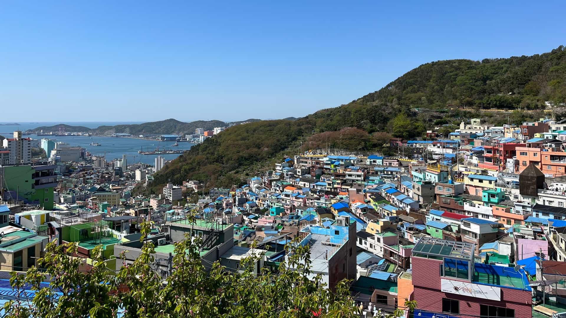 A panoramic view of the Gamcheon Cultural Village in Busan, South Korea, showing hundreds of small, brightly colored houses stacked tightly on a steep hillside, with the deep blue sea and city beyond in the distance. The village is known as the "Machu Picchu of Korea."