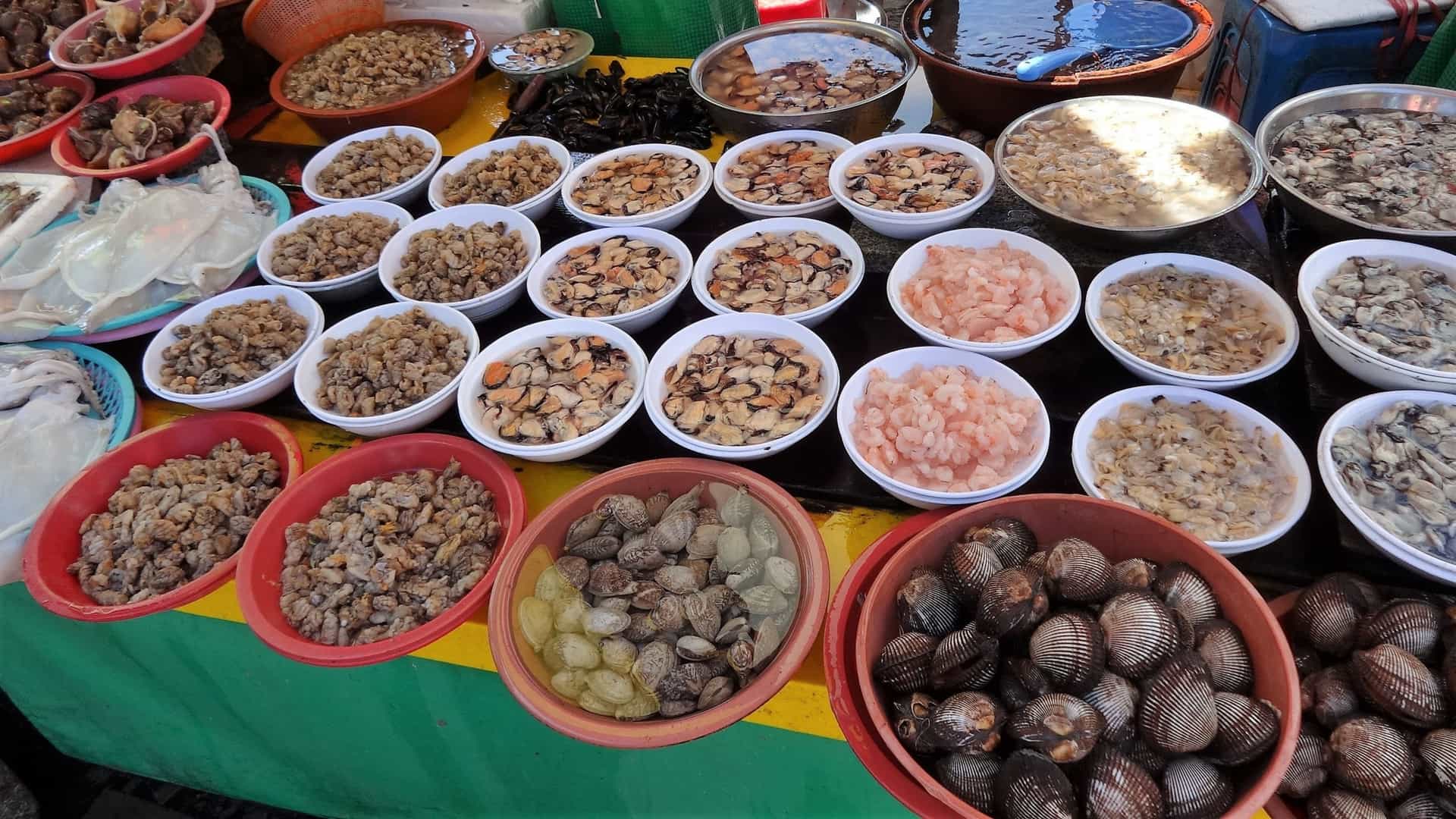 A close up view of a vendor's tanks and baskets at Jagalchi Market in Busan, South Korea, showcasing a diverse array of fresh, live marine animals, including various types of fish, sea squirts (meongge), and shellfish.