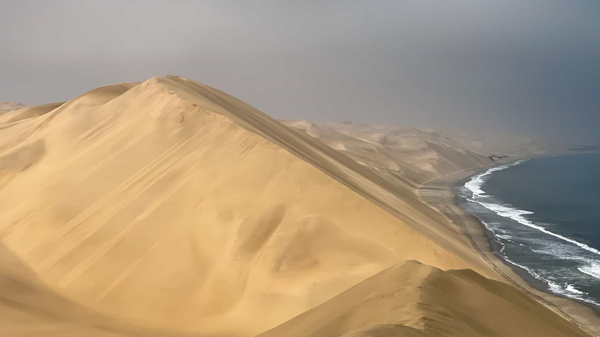 A breathtaking, panoramic view of Sandwich Harbour on the Namibian coast, where a massive, steep, golden orange sand dune from the Namib Desert drops directly into the deep blue waters of the Atlantic Ocean. The contrast between the dry, contoured sand and the rugged coastline is prominently featured.