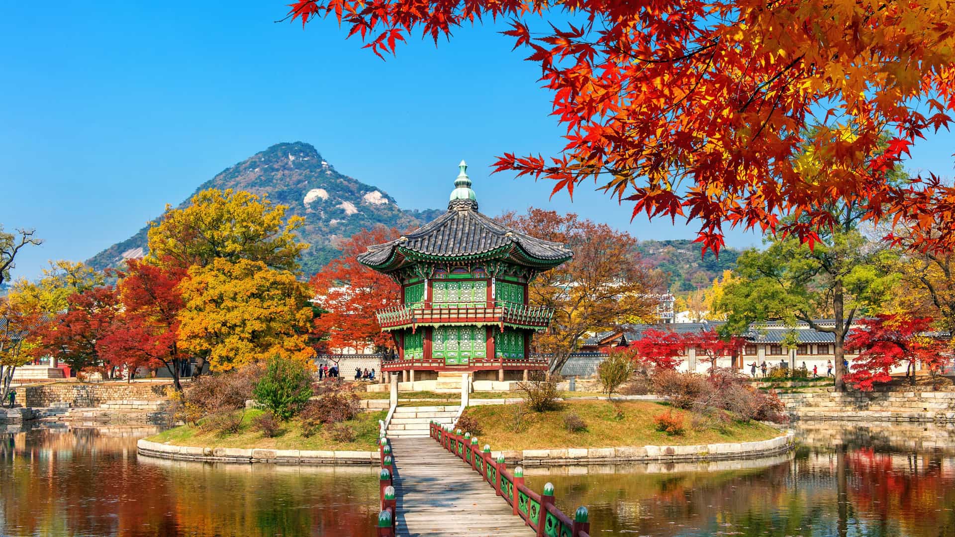 Hyangwonjeong Pavilion at Gyeongbokgung Palace in Seoul, Asia during autumn foliage; Holland America Cruises.
