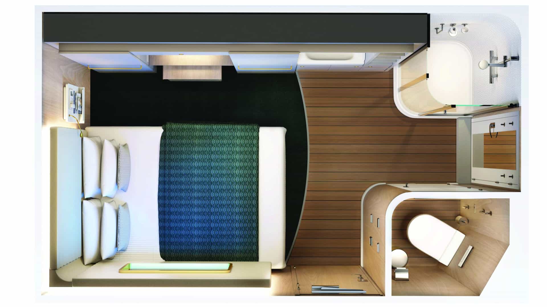 Top-down floor plan of a Studio on Norwegian Encore showing the bed, sink, corner shower and separate toilet room.