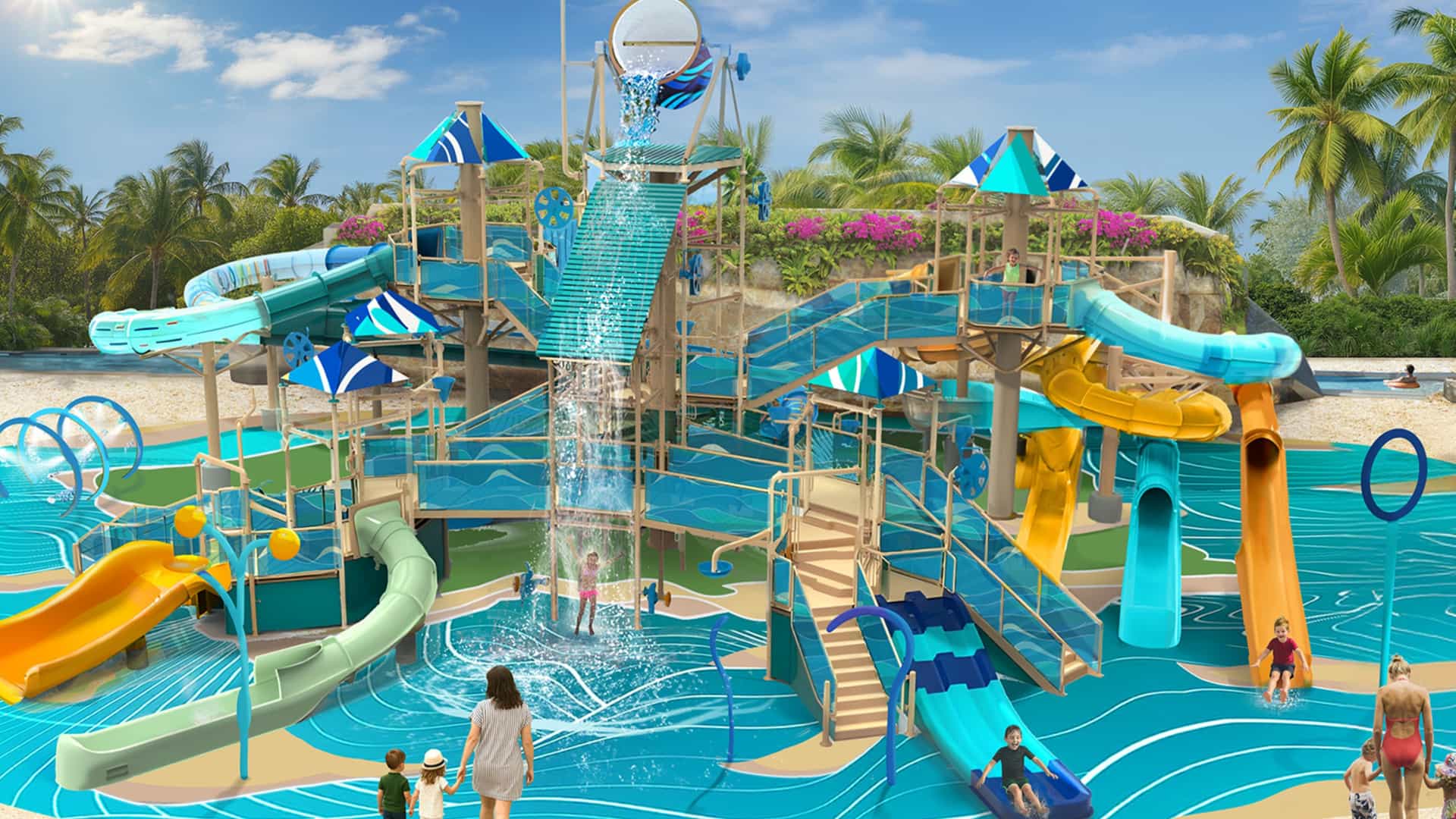 Children playing on a vibrant multi-level water play structure at Great Stirrup Cay, featuring a large tipping water bucket, multiple colorful slides, and water spray features over a blue-patterned splash pad..