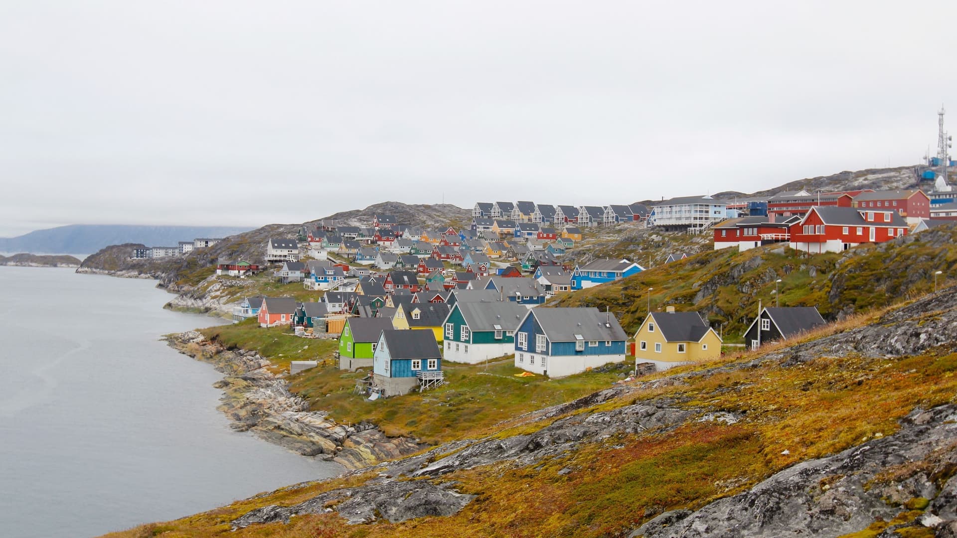 Colorful houses along the waterfront in Nuuk, Greenland.