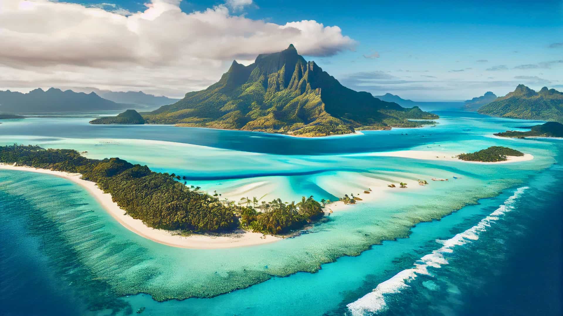 An aerial view of the stunning turquoise lagoon, white sand beaches, and lush volcanic peaks of Bora Bora, French Polynesia, a dream destination on an Oceania Cruises itinerary in the South Pacific.