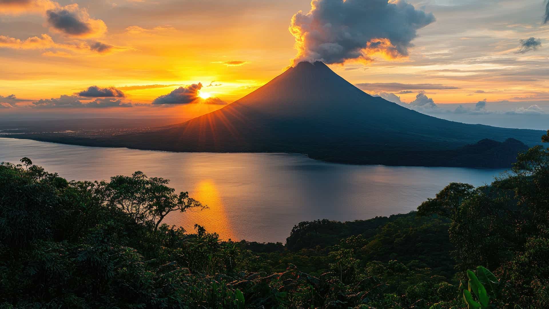 A dramatic sunset over Lake Arenal in Costa Rica, with a majestic, conical Arenal Volcano emitting a plume of smoke and fiery clouds into the orange sky.