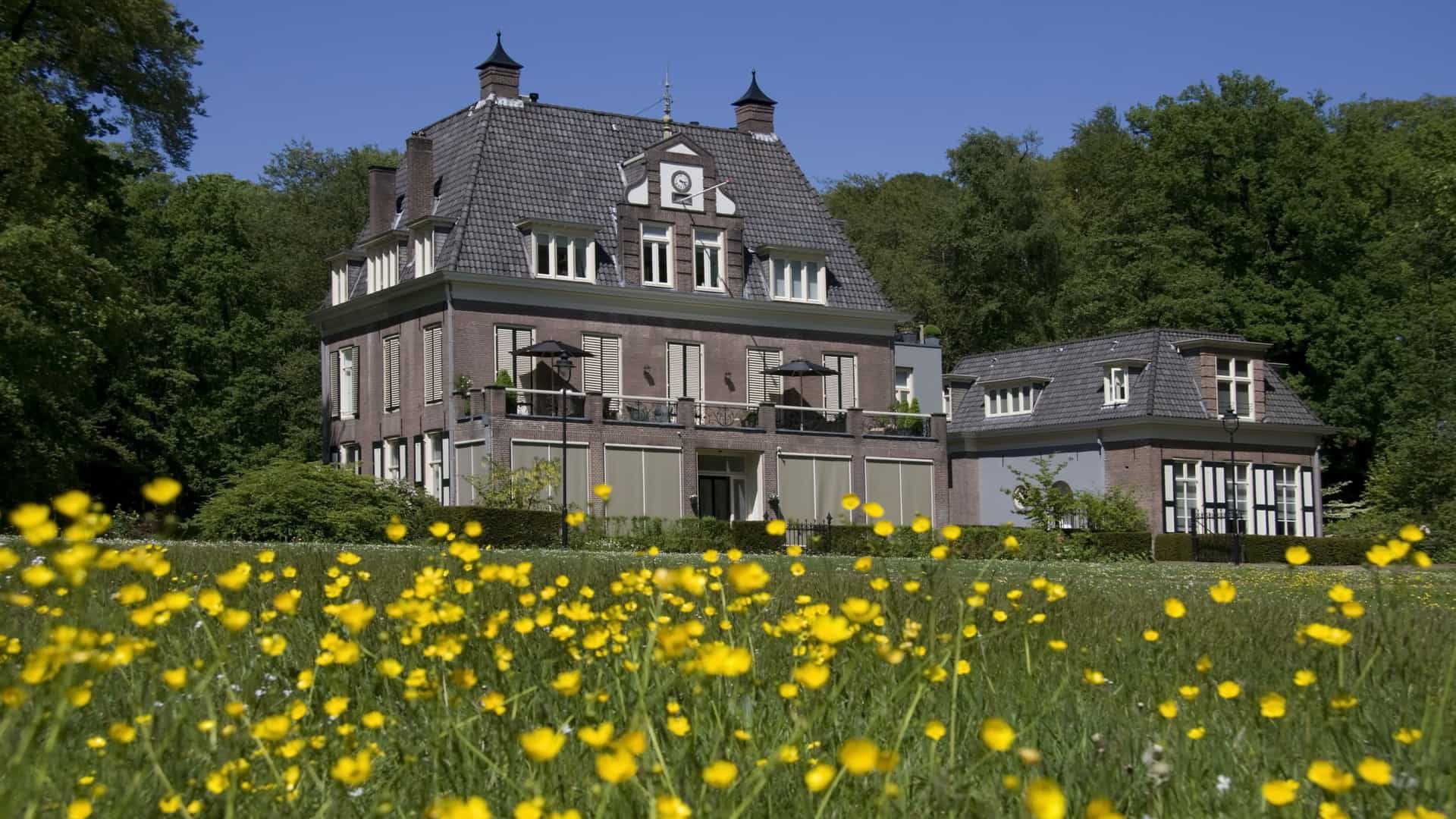 A grand, brick-faced Dutch country house with a large gabled roof and ornate windows, seen from a distance across a vibrant green field filled with bright yellow wildflowers.