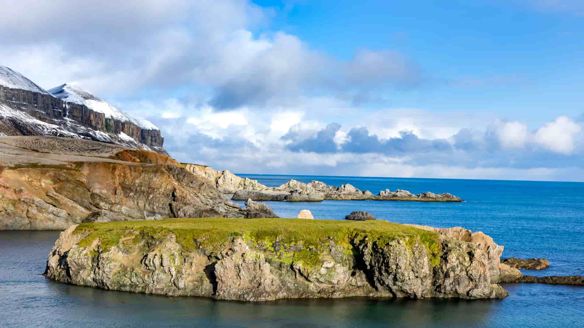 A scenic view of Bear Island's rugged coastline with dramatic cliffs, green mossy slopes, and the serene Barents Sea under a partially cloudy sky.