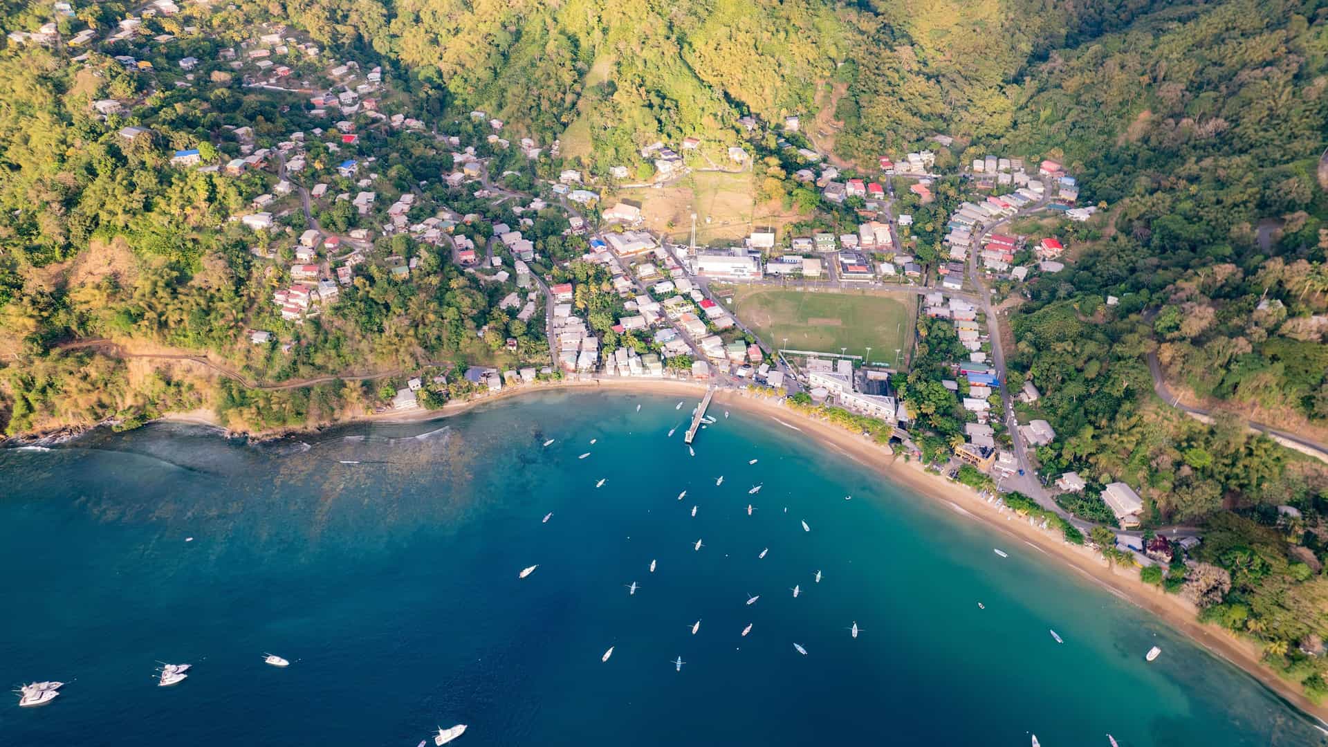 An aerial view of Charlotteville, a village nestled between a verdant, mountainous coastline and a beach with turquoise water dotted with numerous small fishing boats.