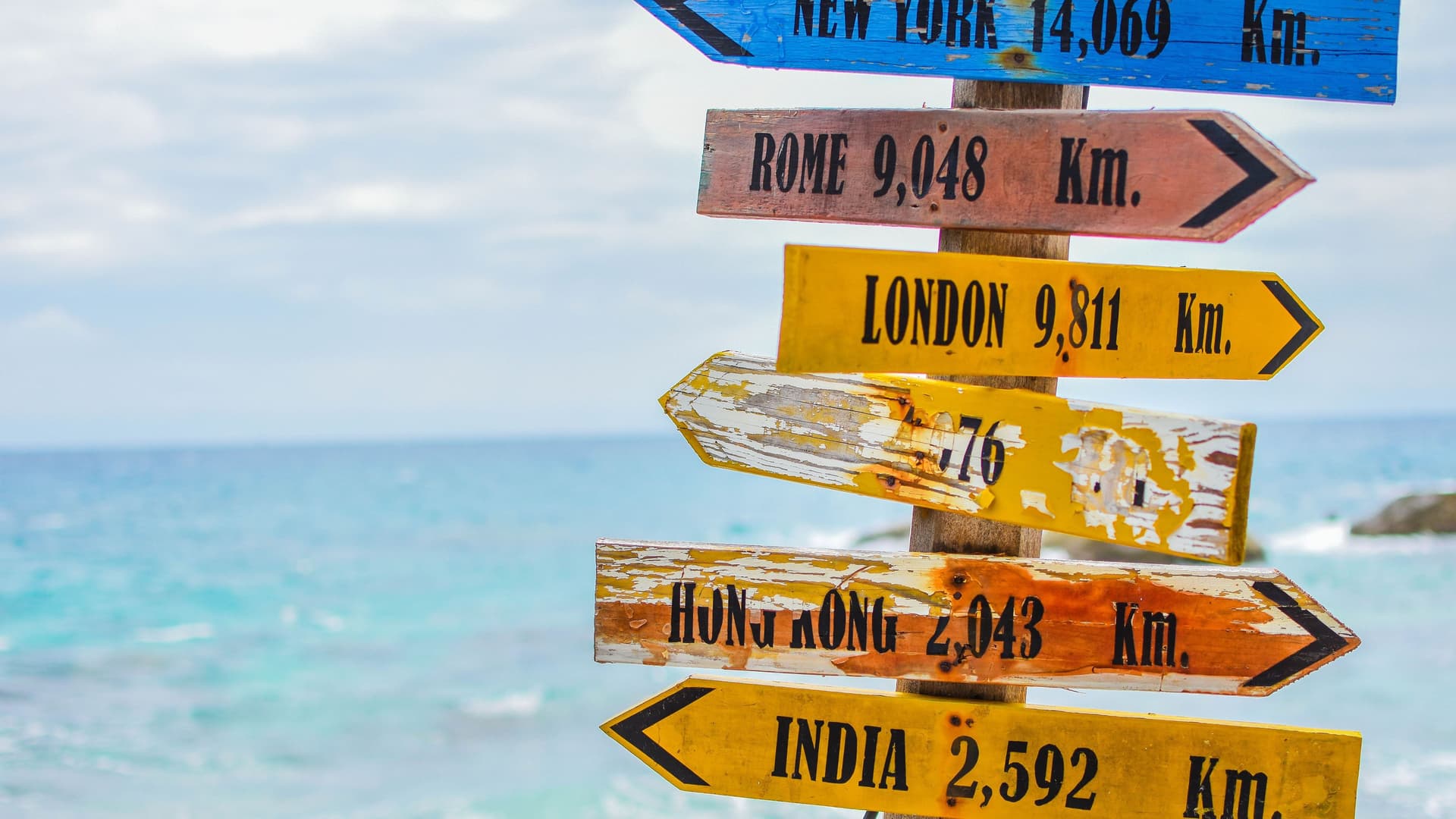 A vibrant wooden signpost on the shore with colorful arrows pointing to different international cities and their distances, symbolizing travel and the International Date Line.