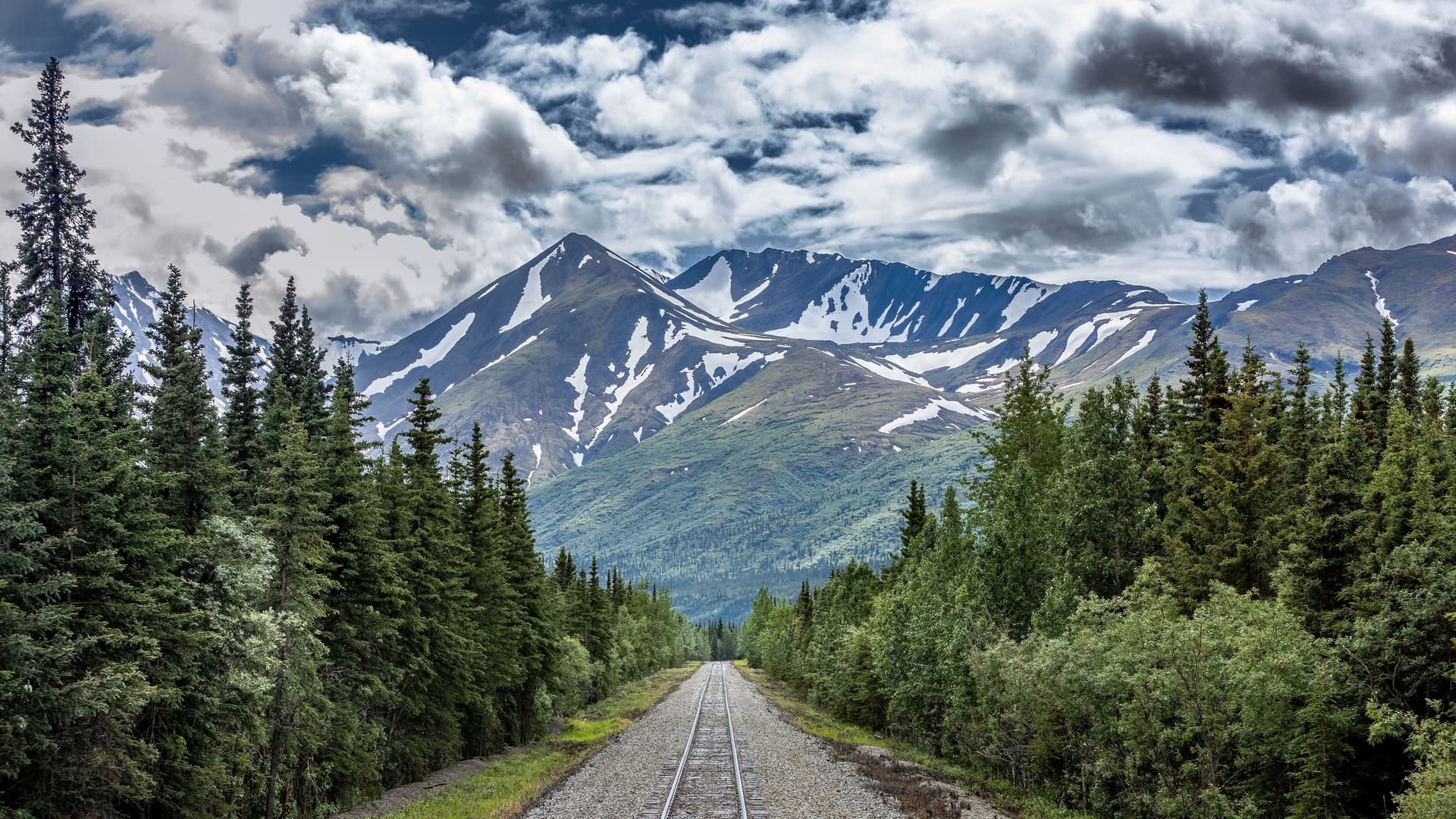The scenic Alaska Railroad tracks leading through a lush evergreen forest towards the majestic, snow-capped mountains of Denali National Park, Alaska.