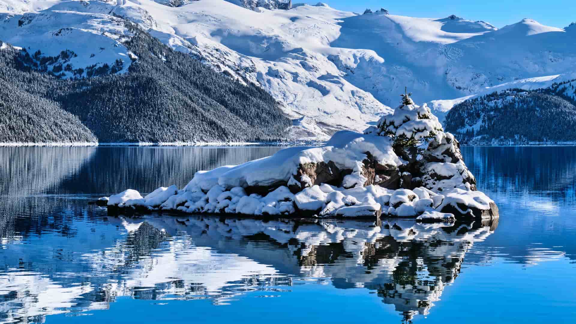 A beautiful mountain lake with a small, snow-covered island in the foreground, with majestic, snow-capped mountains and evergreen trees in the background under a clear blue sky.