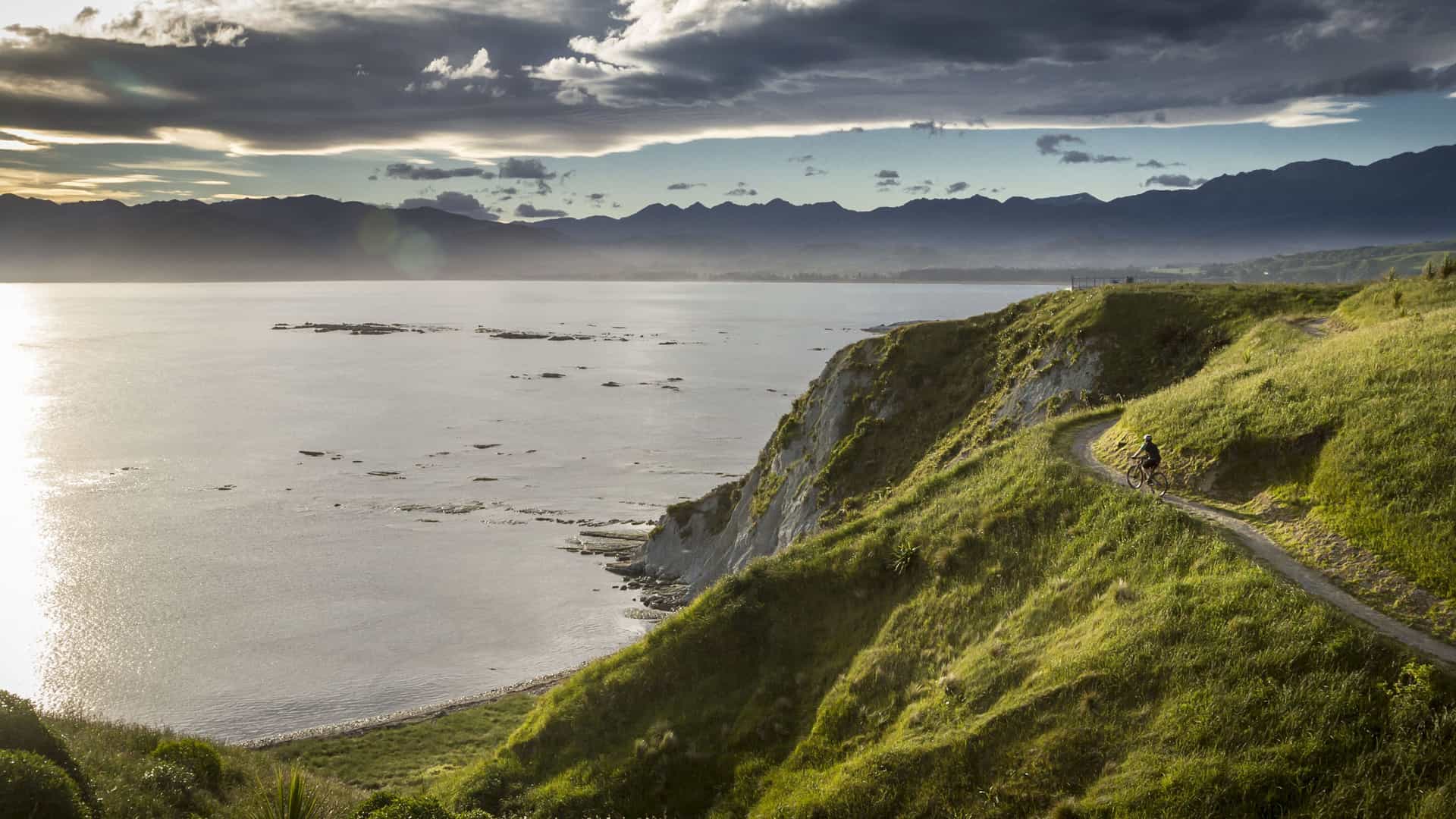 A breathtaking landscape view of the Kaikoura coastline in New Zealand, with a person cycling along a winding track on a green cliffside overlooking the calm sea and majestic mountains in the distance.