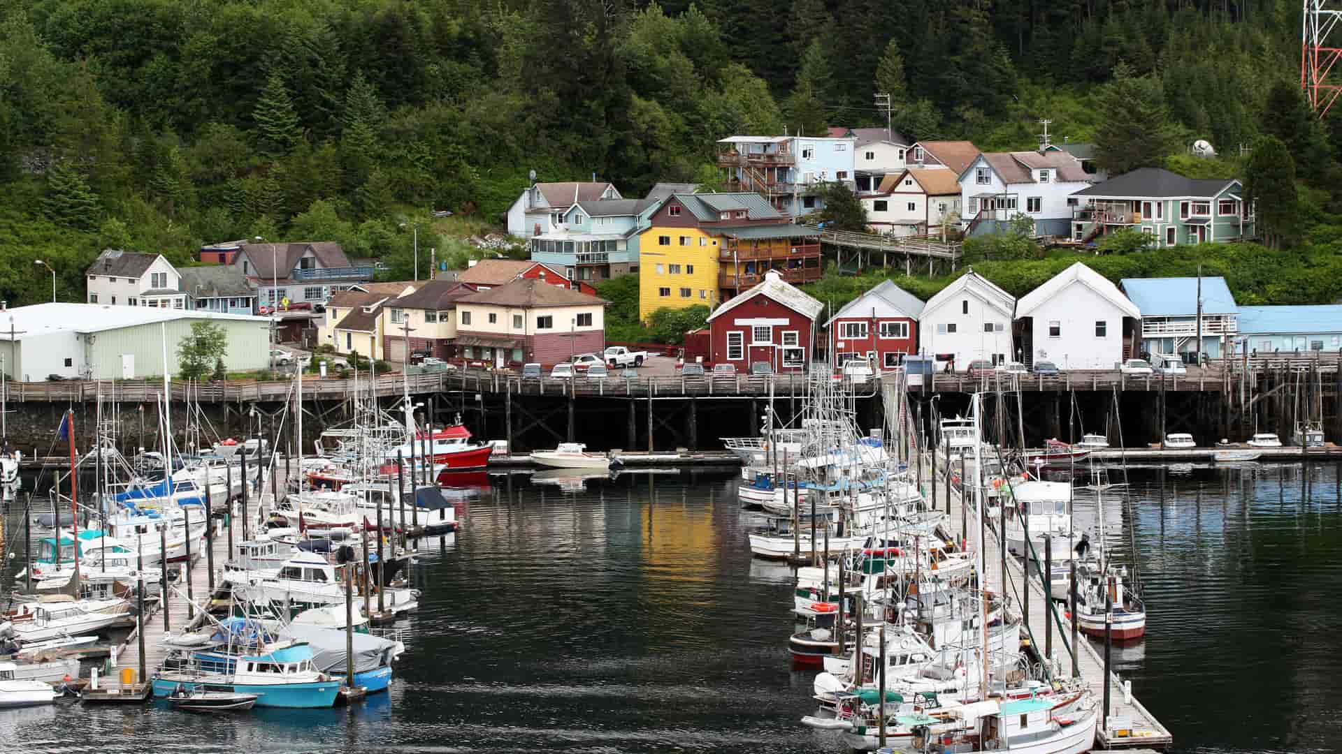 A colorful view of Ketchikan, Alaska, with fishing boats and a busy marina in the foreground and brightly painted houses on a hill, backed by a lush green forest.