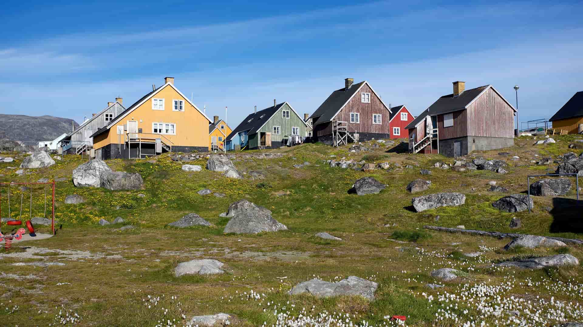 A scenic view of Nanortalik, Greenland, showing a row of traditional, colorful houses on a rocky hillside with wildflowers and green moss under a bright blue sky.