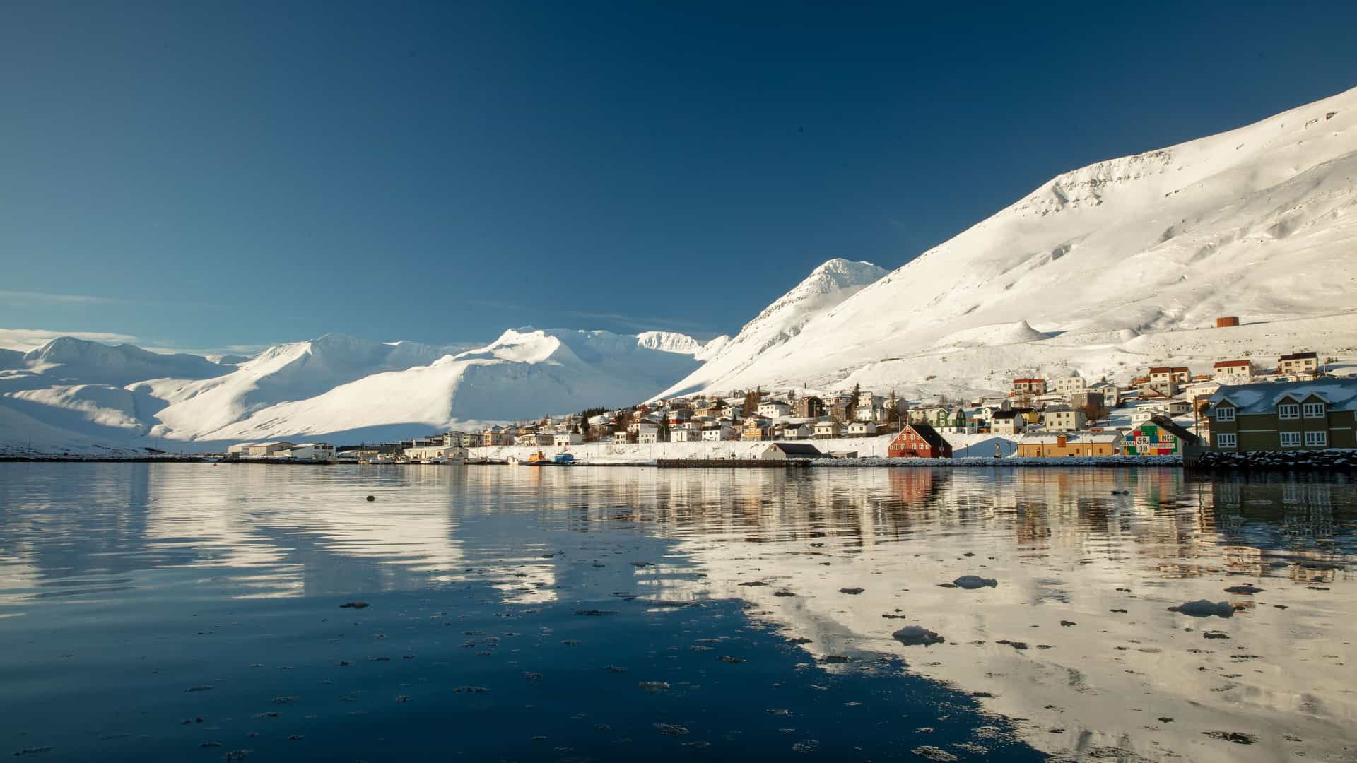A stunning panoramic view of the colorful fishing village of Siglufjordur, Iceland, nestled between a calm bay and majestic snow-covered mountains, with its reflection in the tranquil water.