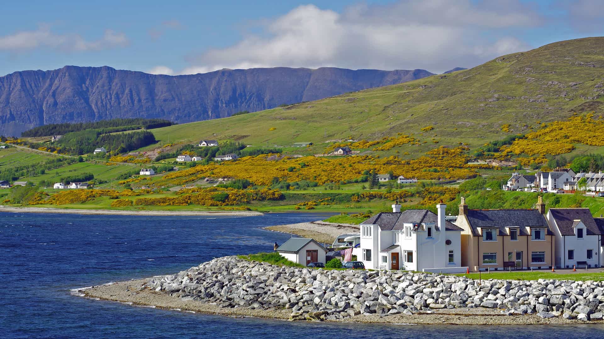 A charming view of whitewashed stone cottages along the shoreline in Ullapool, Scotland, set against a backdrop of green hills covered in bright yellow wildflowers and distant mountains.