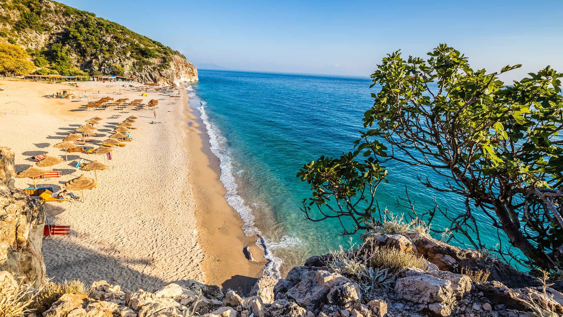 A high-angle view of a stunning white sand beach at Vlore, Albania, with calm turquoise water, sunbeds, umbrellas, and lush green hillsides under a clear blue sky.