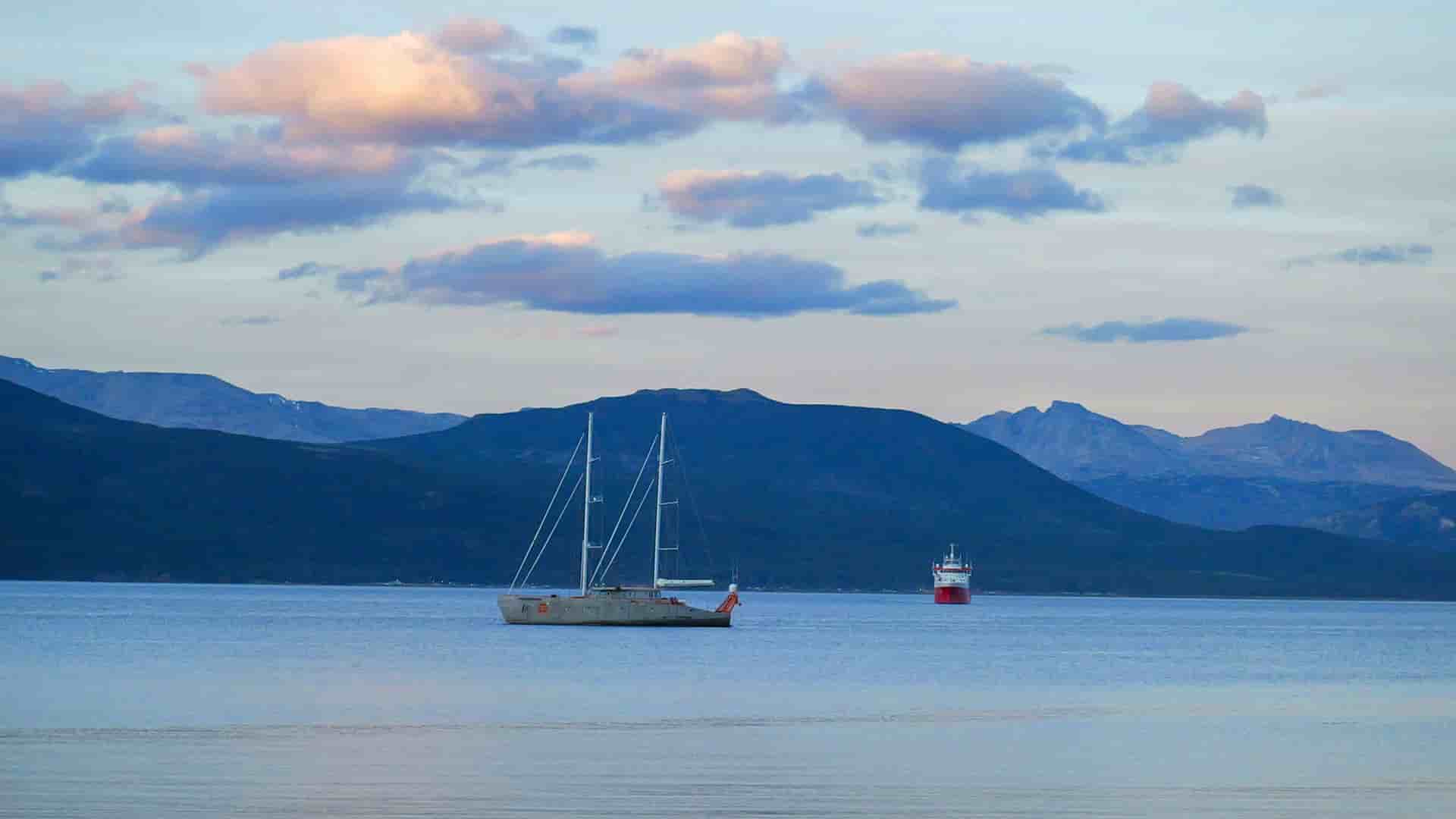 Remote town of Puerto Williams with mountains.