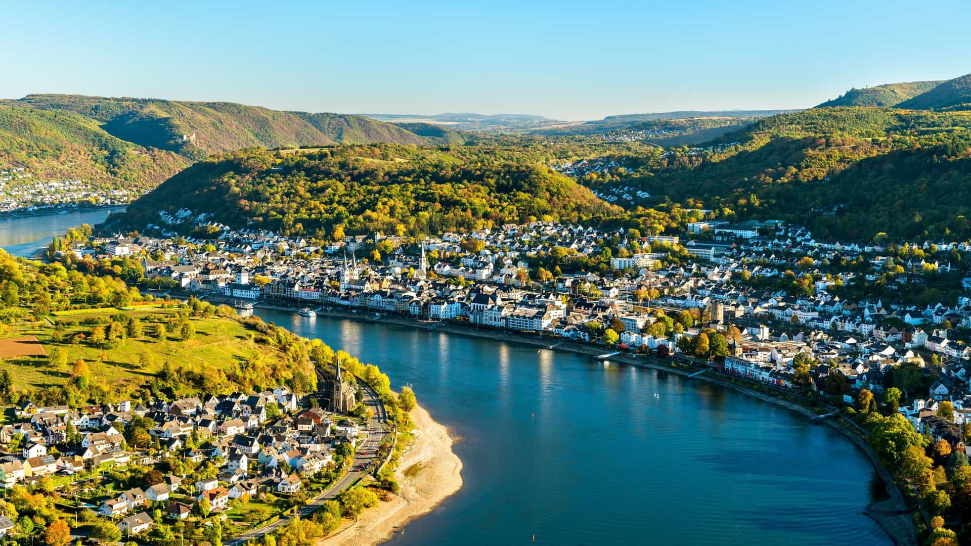 Aerial view of Moselle, Germany, showcasing the cityscape along the Rhine River.