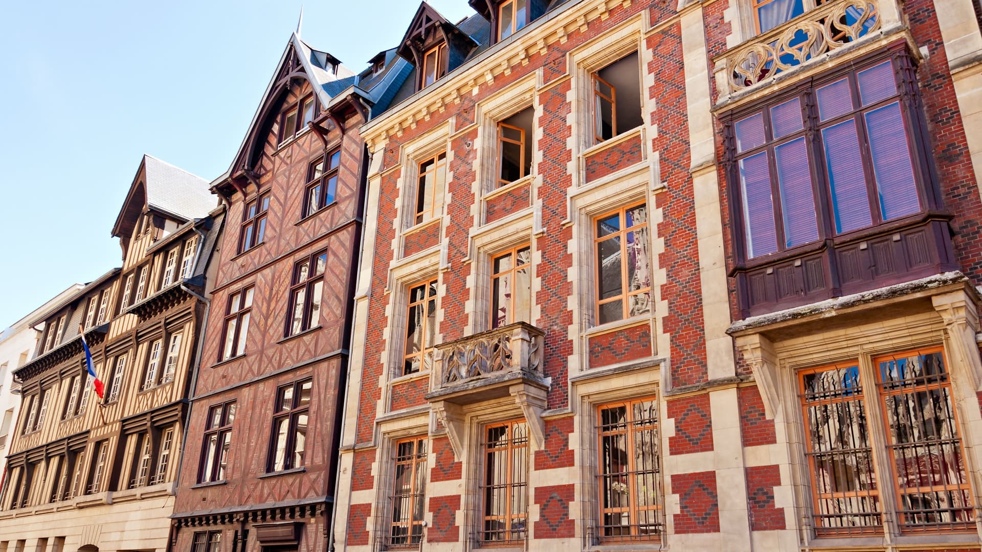 Historic half-timbered buildings in Rouen, France.