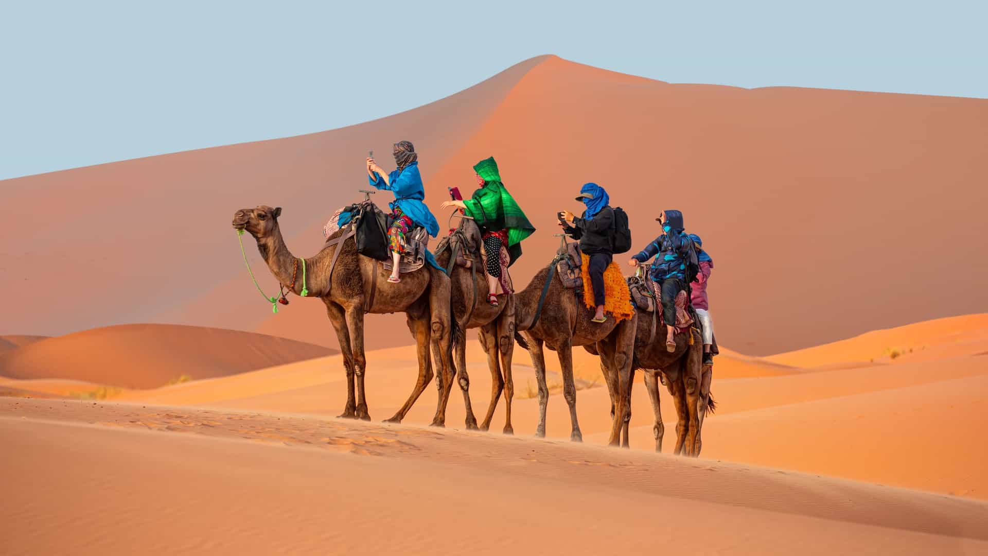 A caravan of five camels carrying tourists crosses the golden Sahara dunes in Morocco, with riders in colorful desert attire taking photos during a guided camel trek under bright midday sun.