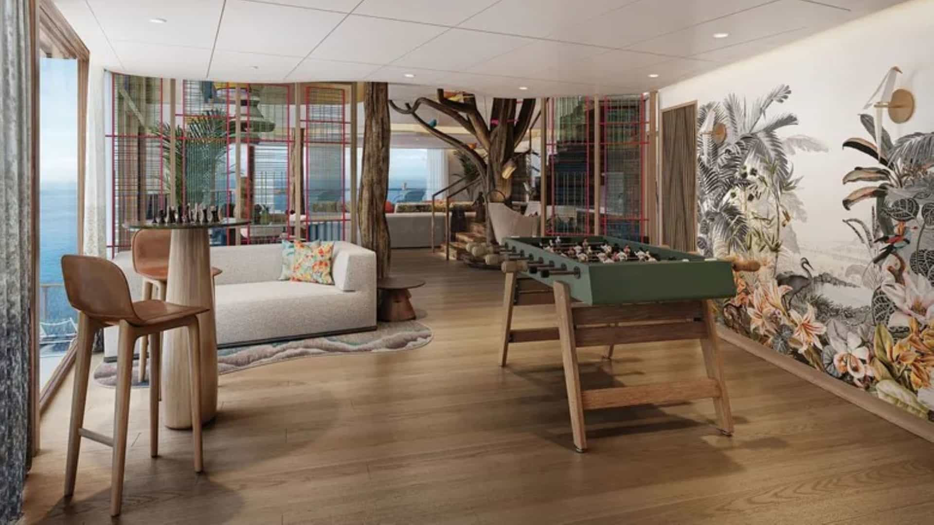 Royal Caribbean Ultimate Family Tree house game room with a foosball table, chess set, and tropical treehouse decor.