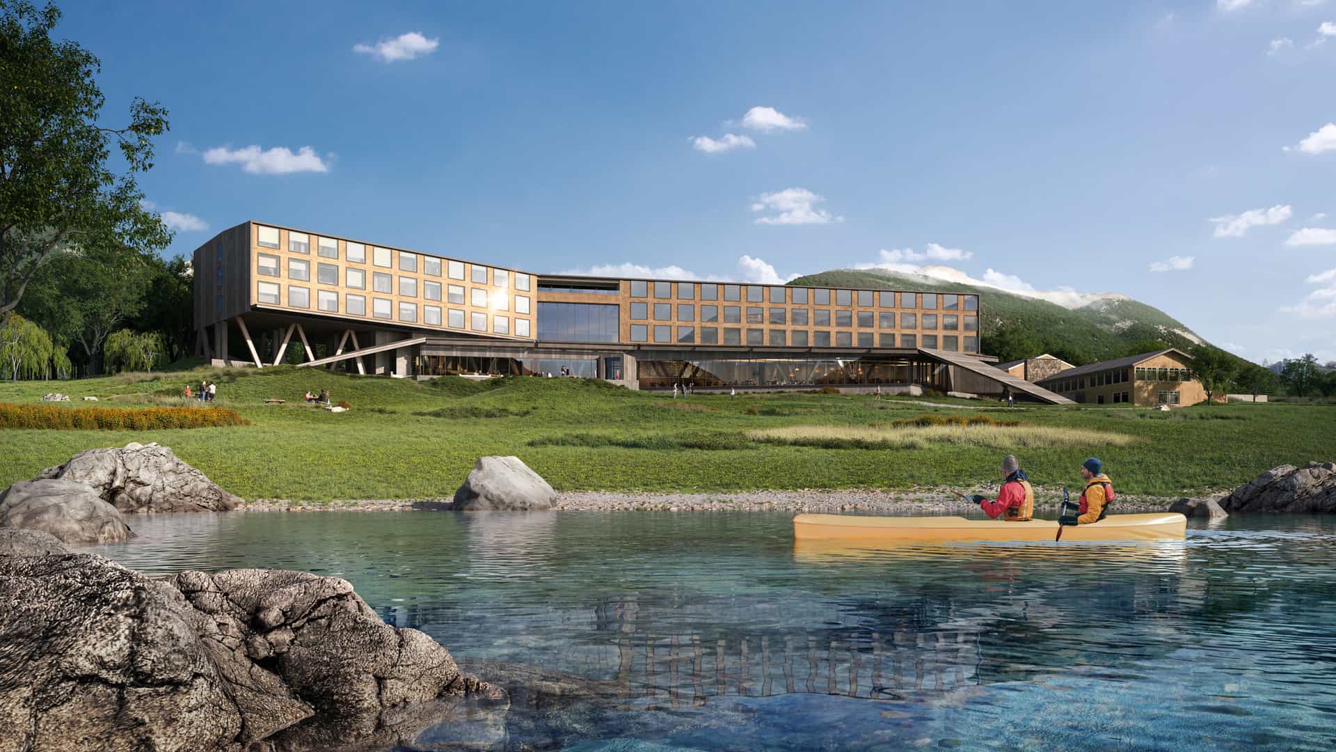 Rendering of The Cormorant, a modern, wood-clad Silversea luxury hotel in Puerto Williams, Chile, overlooking a lake with kayakers, set against mountain scenery.