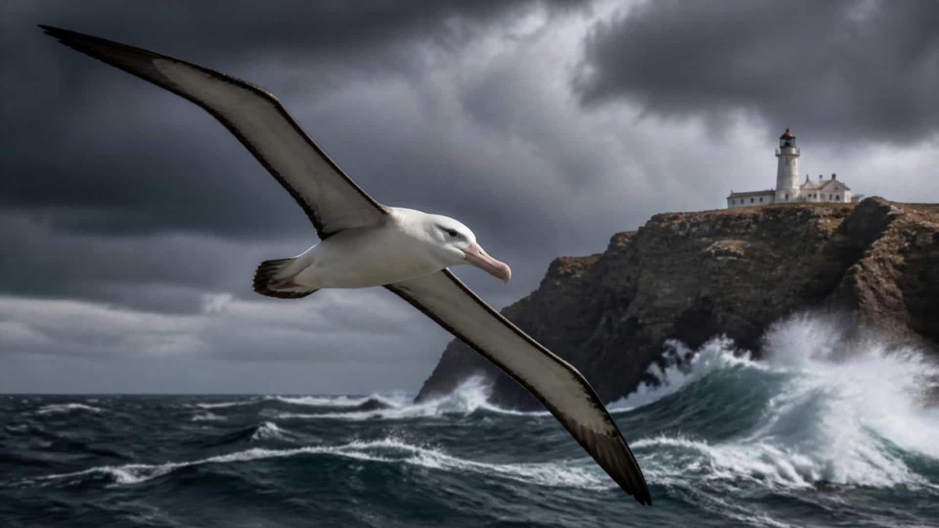A giant albatross soars over stormy Southern Ocean swells near the Cape Horn lighthouse perched on rocky cliffs, Chile.