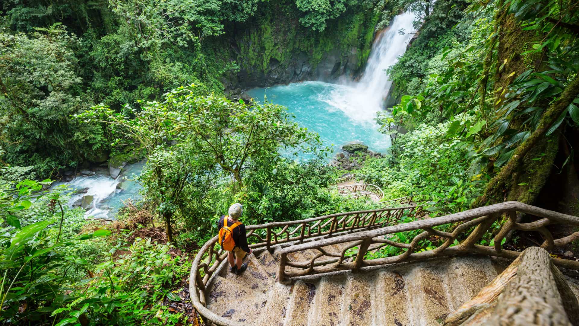 A lush Costa Rican rainforest with a person descending a winding natural-style staircase toward a turquoise waterfall pool, surrounded by dense green foliage, moss‑covered rocks, and cascading water.