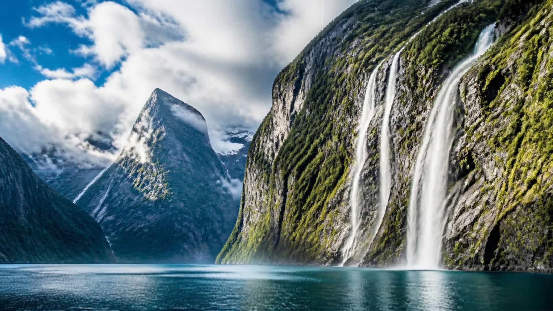 A dramatic Norwegian mountain fjord at Isfjorden with waterfalls cascading into calm blue water.