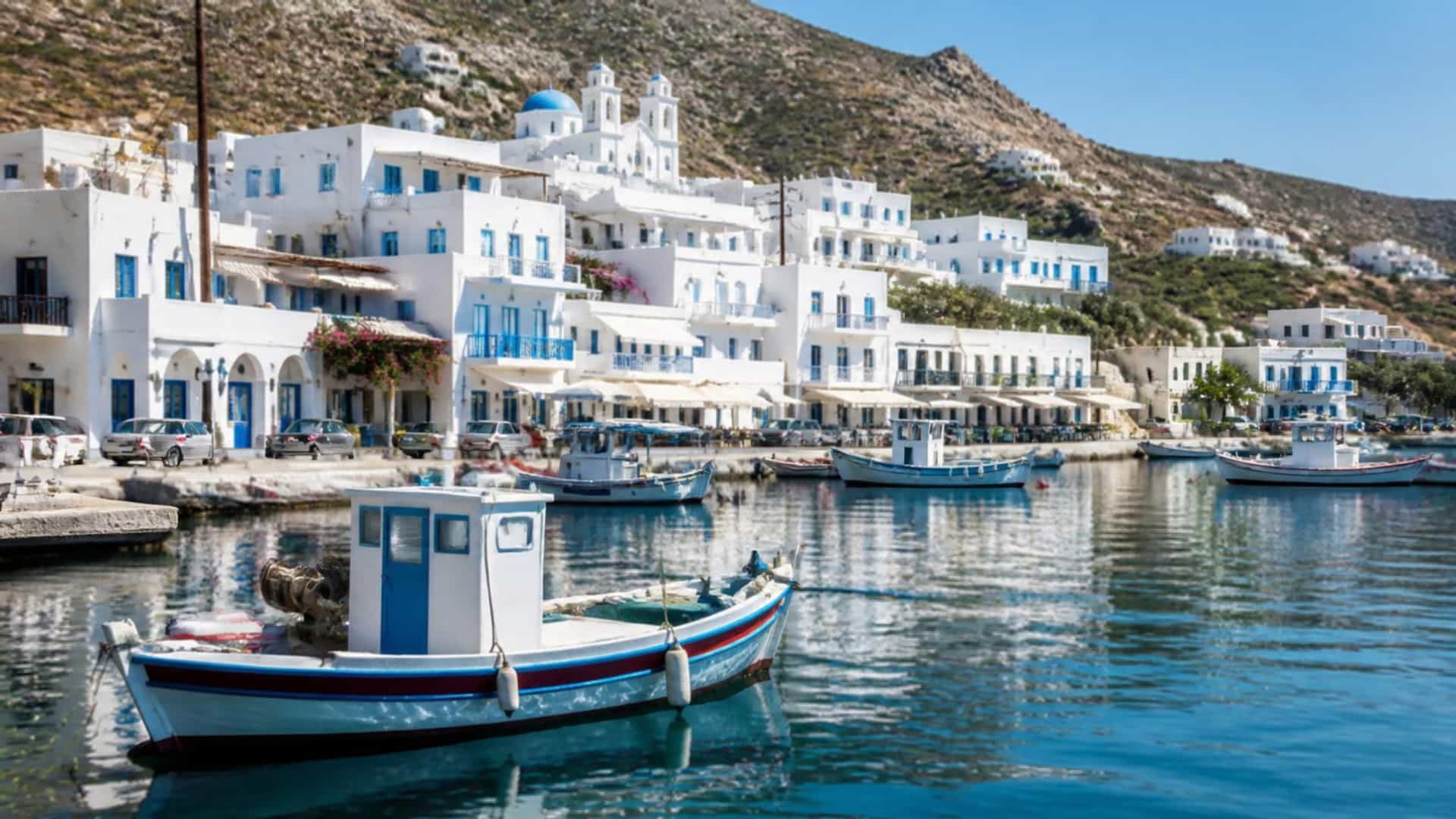 The picturesque Cycladic harbor of Katapola on Amorgos, Greece, with whitewashed houses and fishing boats.