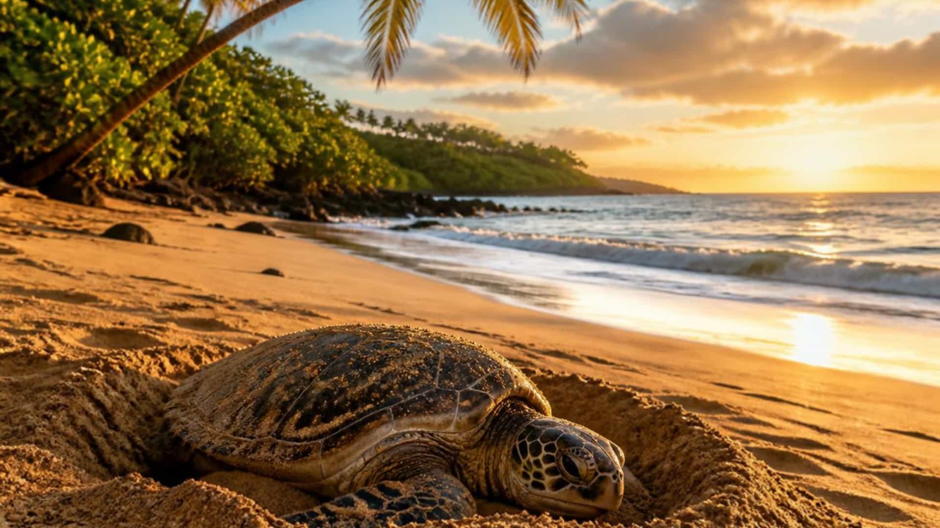 A sea turtle nesting beach at La Manzanilla, Mexico, with palm-fringed golden sand and gentle Pacific waves.