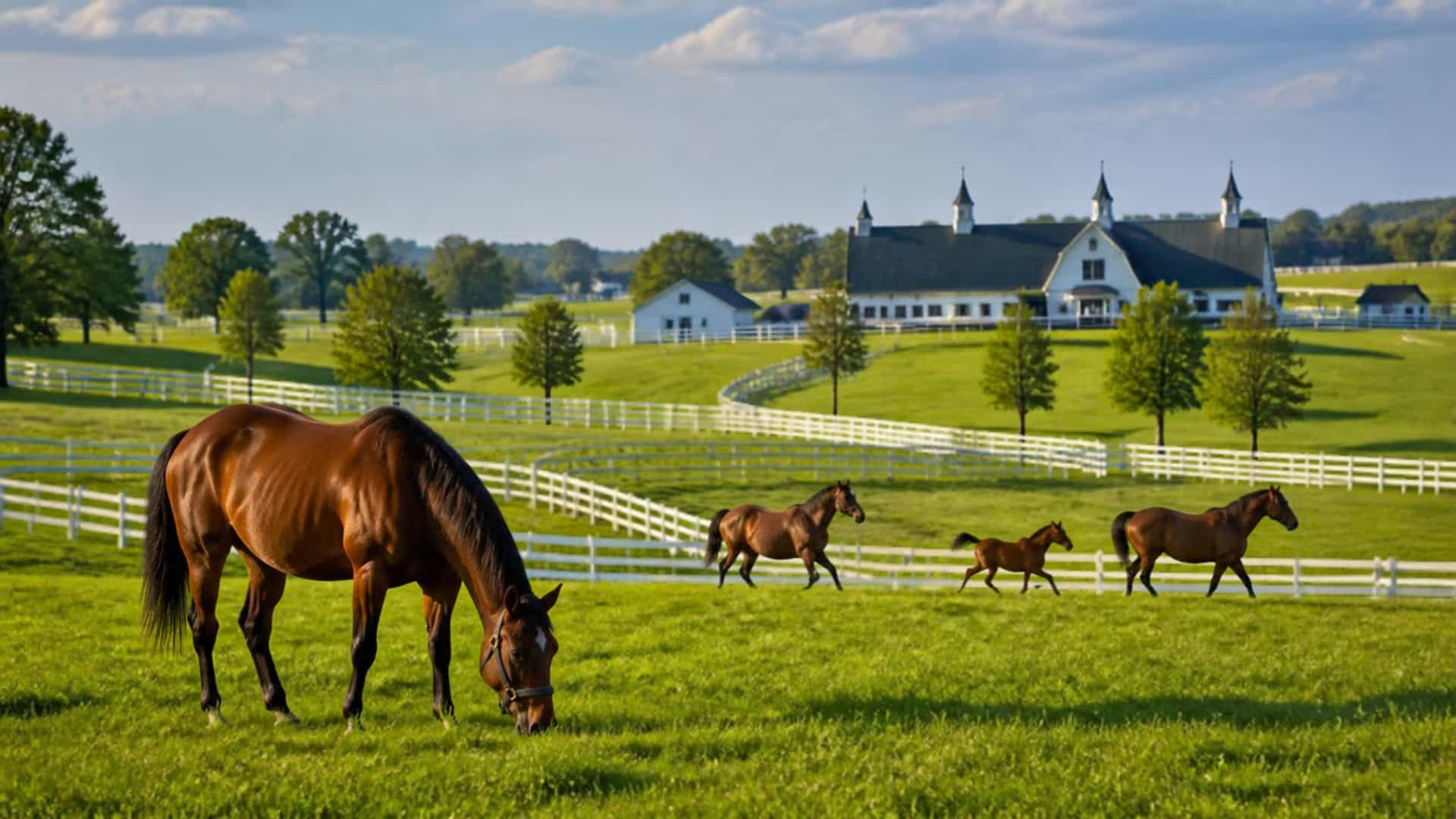 Rolling bluegrass horse farms of Lexington, Kentucky, with white fences, thoroughbred horses and historic barns.
