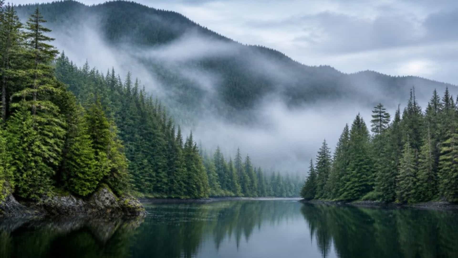 A misty forested inlet in Nootka Sound, British Columbia, with calm water and dense evergreen trees.