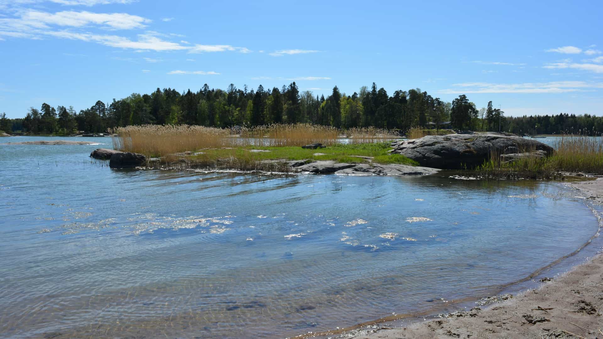A small rocky islet at Ulko‑Tammio with green grass and shoreline reeds, surrounded by calm clear water and backed by dense forest under a bright blue sky.