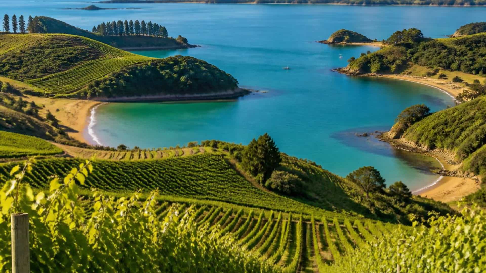 Vineyard-covered hills roll down to sandy bays on Waiheke Island in the Hauraki Gulf, New Zealand.