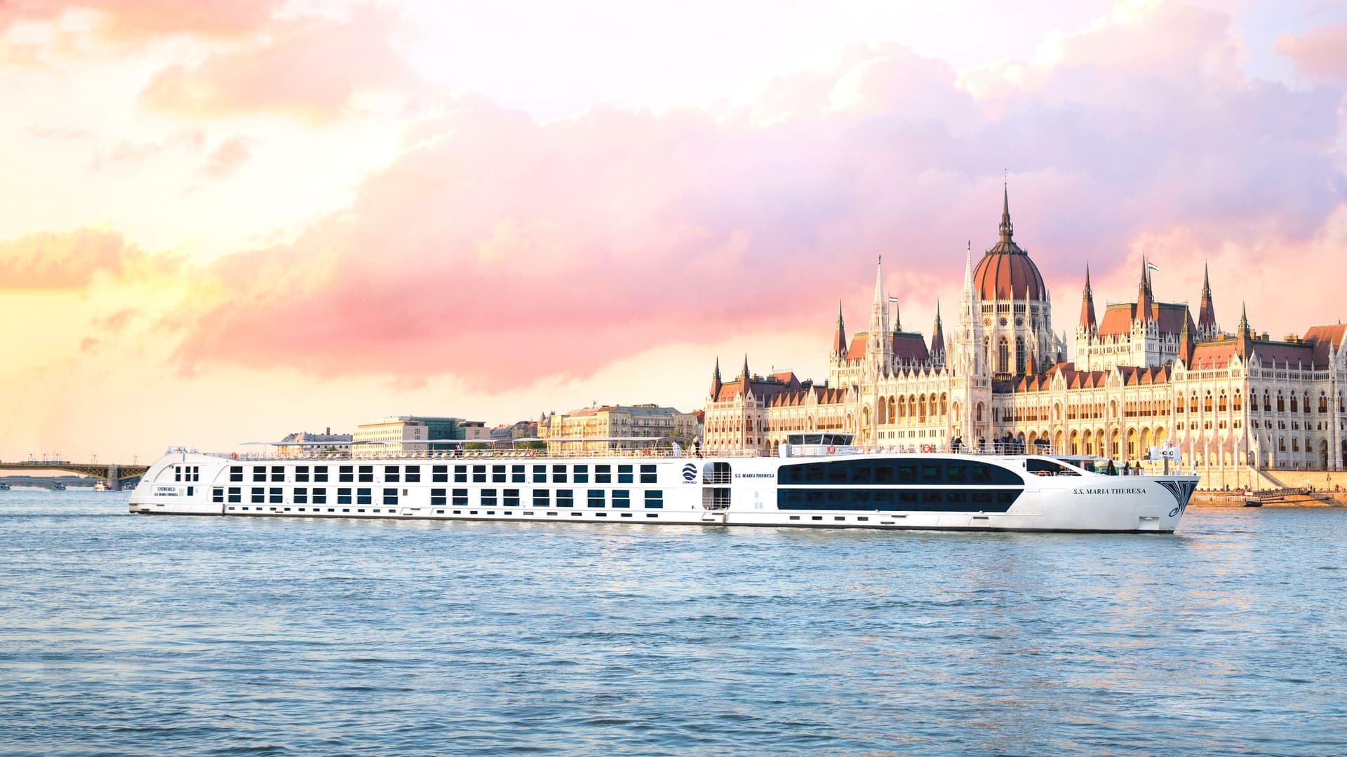 Uniworld's S.S. Maria Theresa sailing in Budapest.