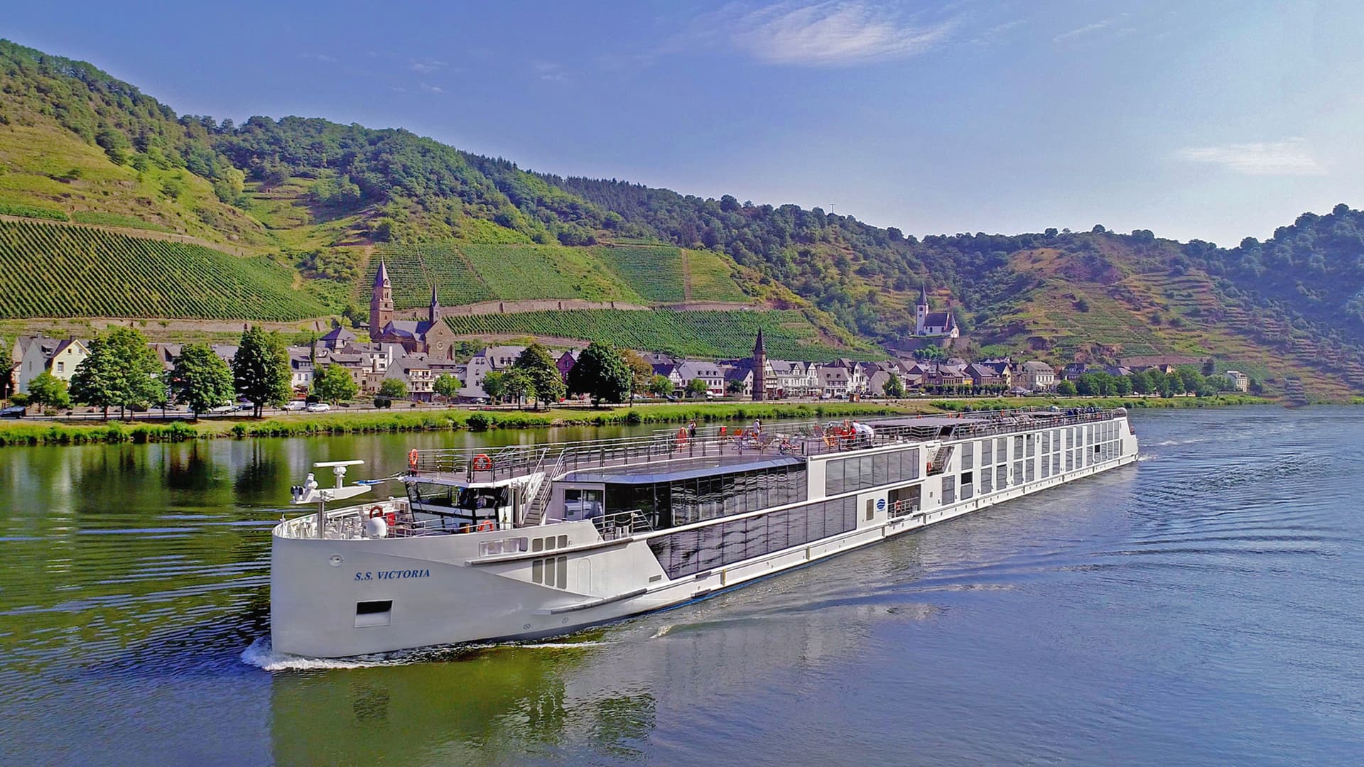 Uniworld's S.S. Victoria sailing a European river.