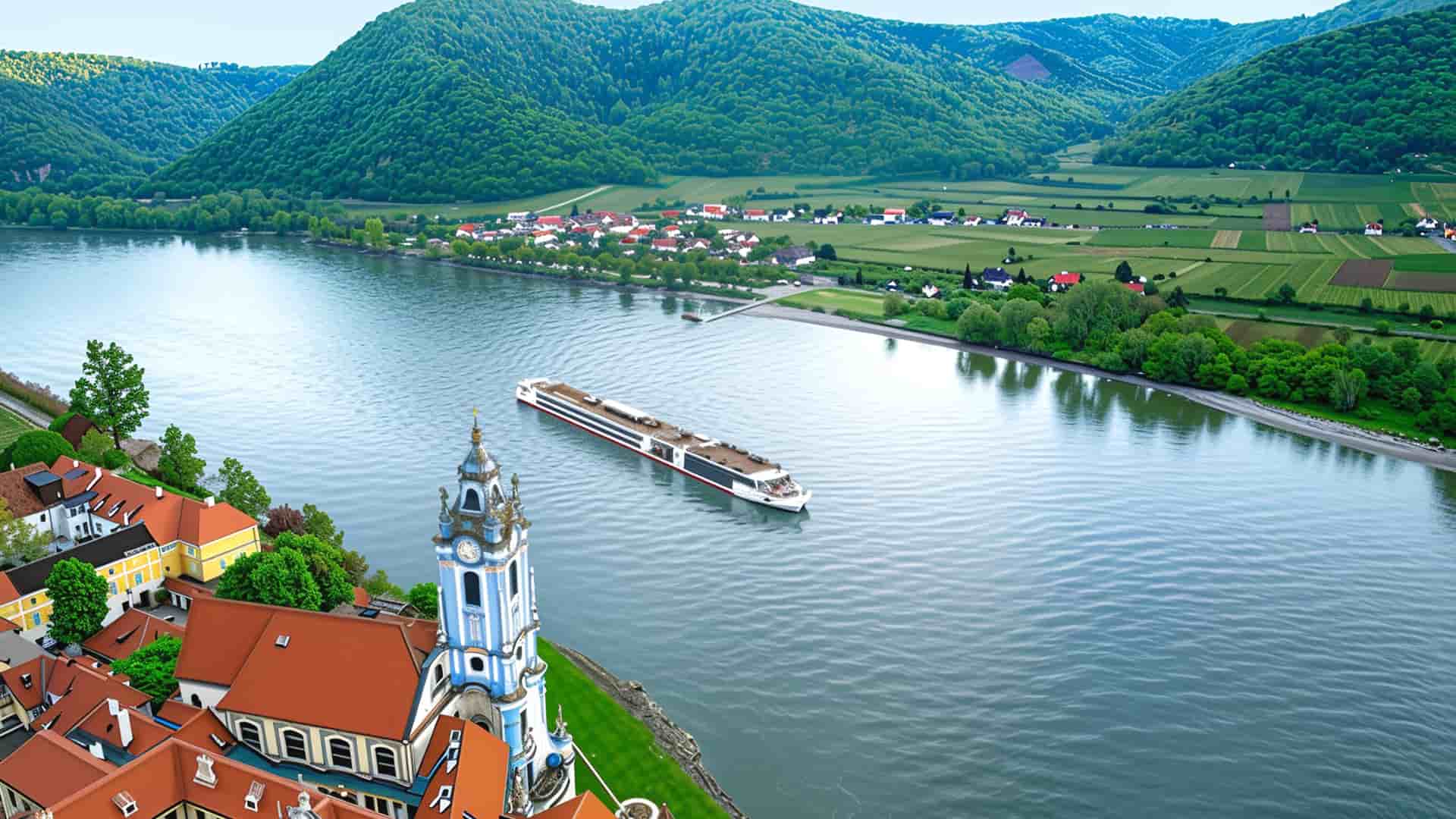 Viking Ullur sailing a European river with a castle in the foreground.