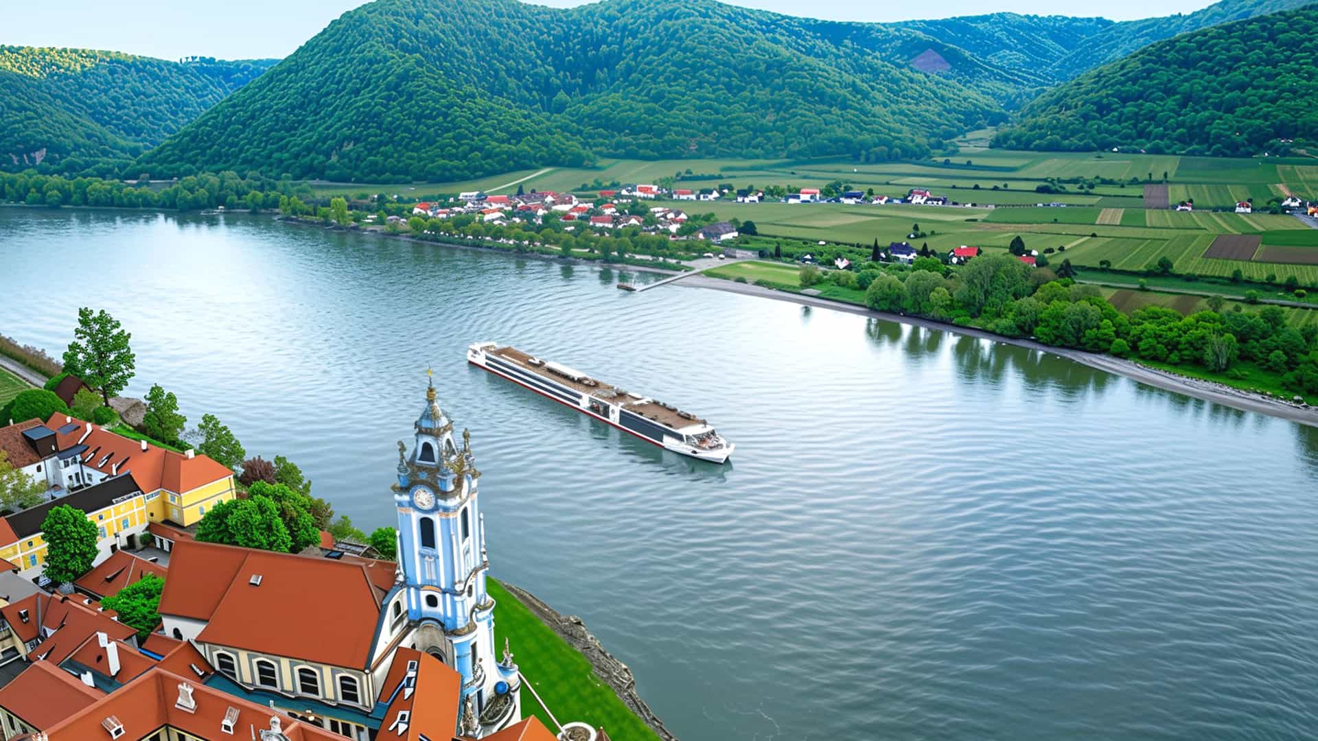 Viking Ullur sailing a European river with a castle in the foreground.